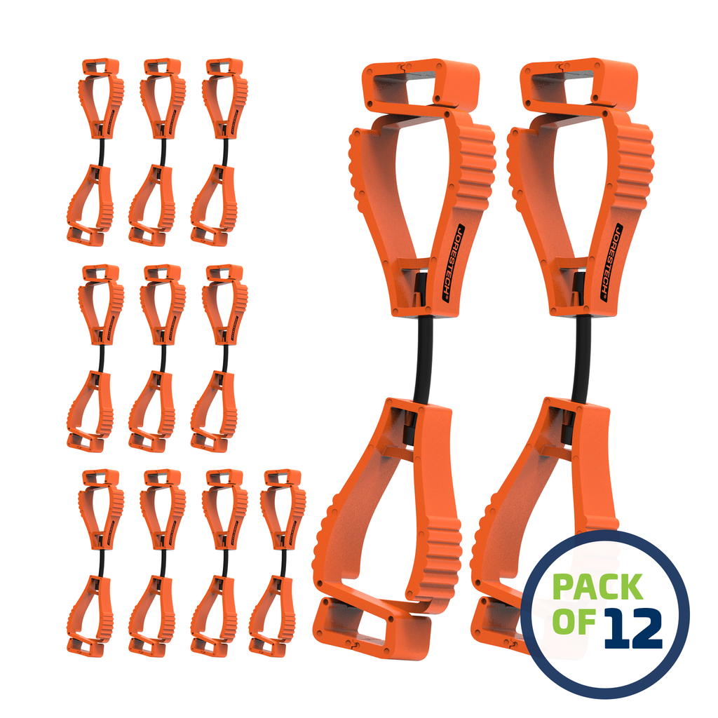 image of a pack of 12 Orange JORESTECH clip safety holders over white background