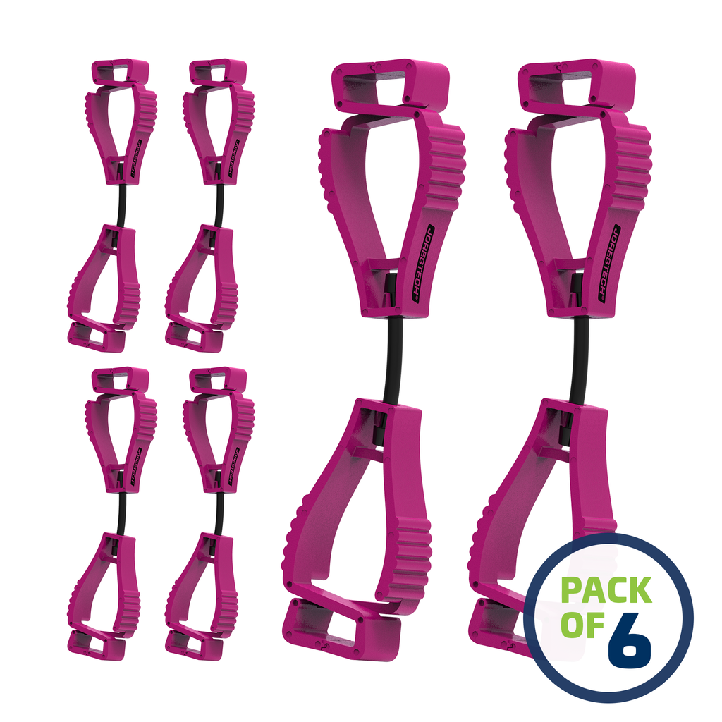 image of a pack of 6 Pink JORESTECH clip safety holders over white background