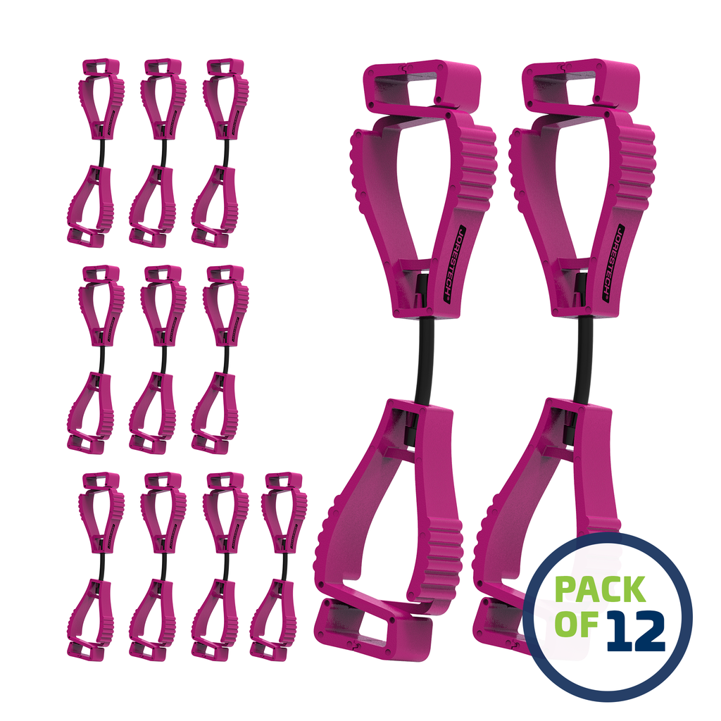 image of a pack of 12 Pink JORESTECH clip safety holders over white background