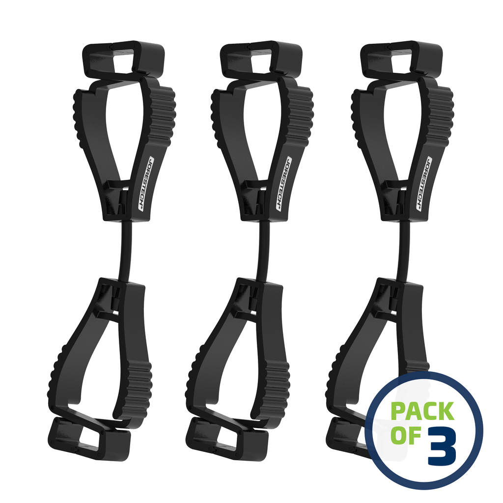 image of a pack of 3 Black JORESTECH clip safety holders over white background