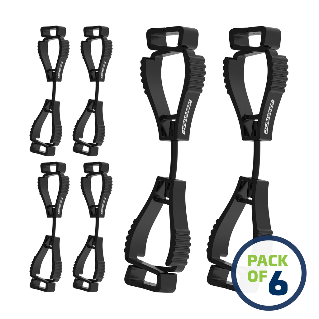 image of a pack of 6 Black JORESTECH clip safety holders over white background