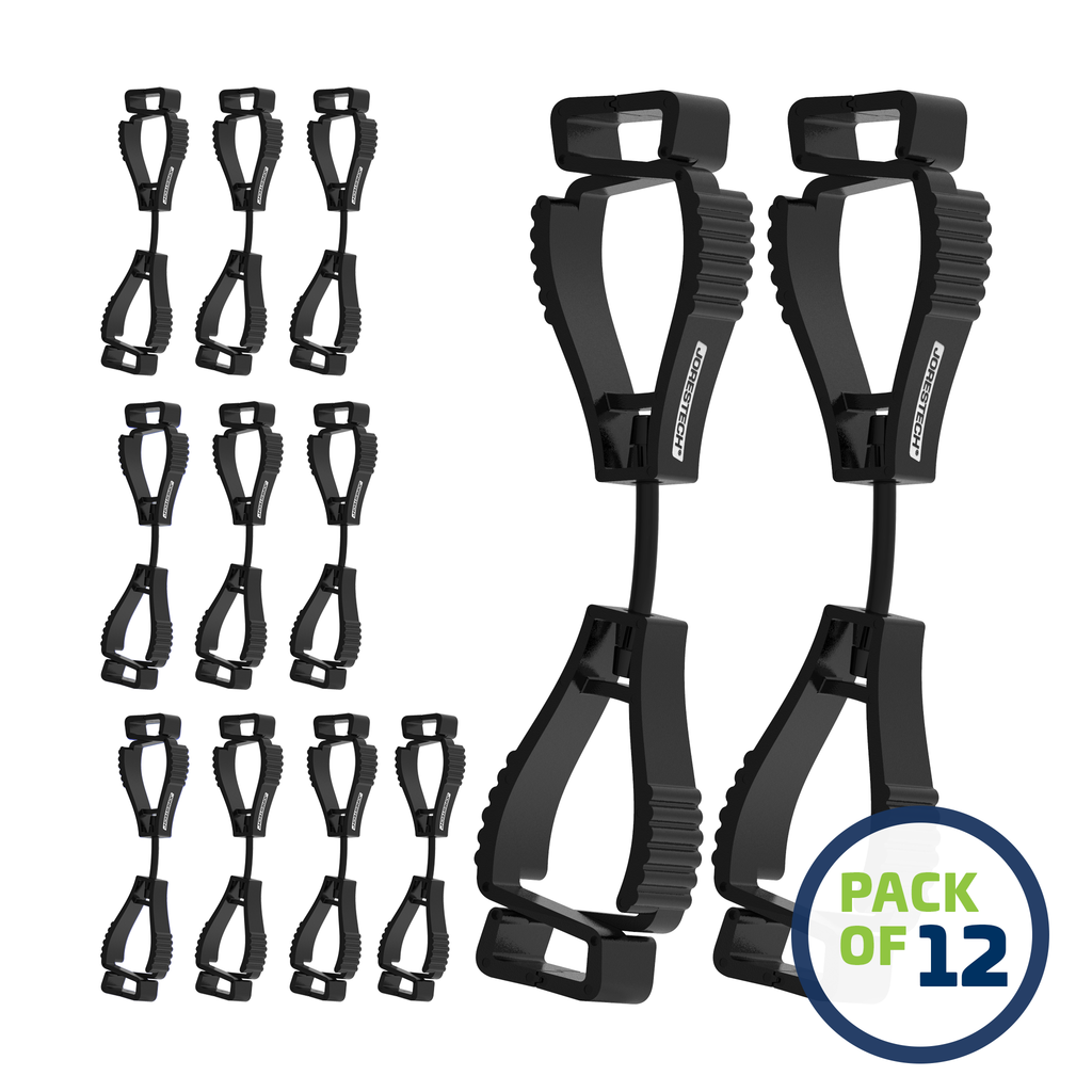 image of a pack of 12 Black JORESTECH clip safety holders over white background