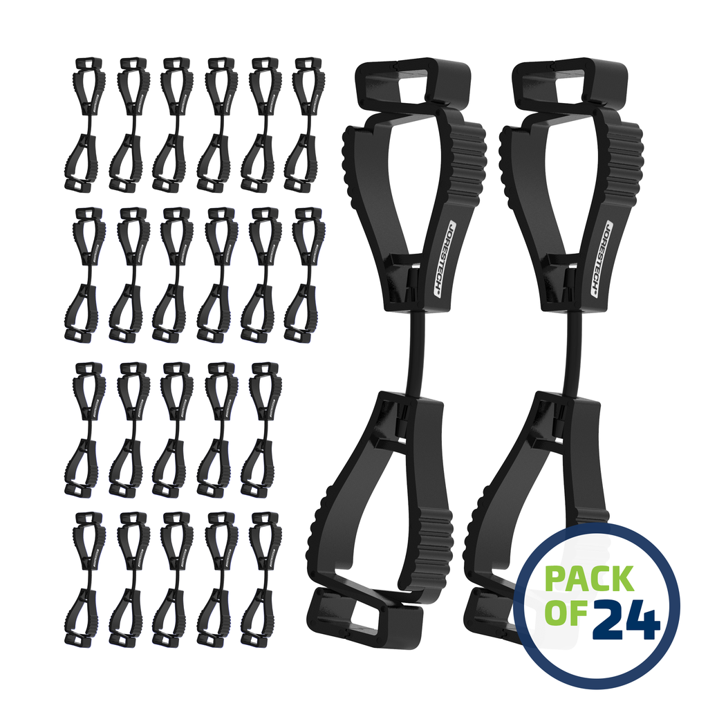 image of a pack of 24 Black JORESTECH clip safety holders over white background