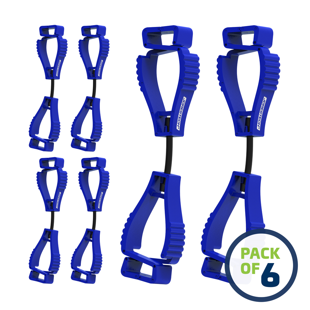 image of a pack of 6 Blue JORESTECH clip safety holders over white background