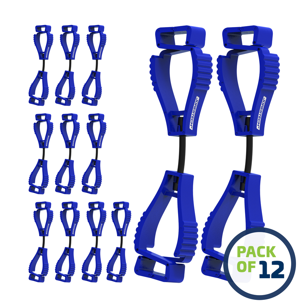 image of a pack of 12 Blue JORESTECH clip safety holders over white background