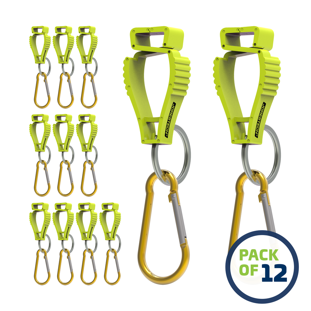 image of a pack of 12 Lime JORESTECH glove clip safety holders with carabiner over white background