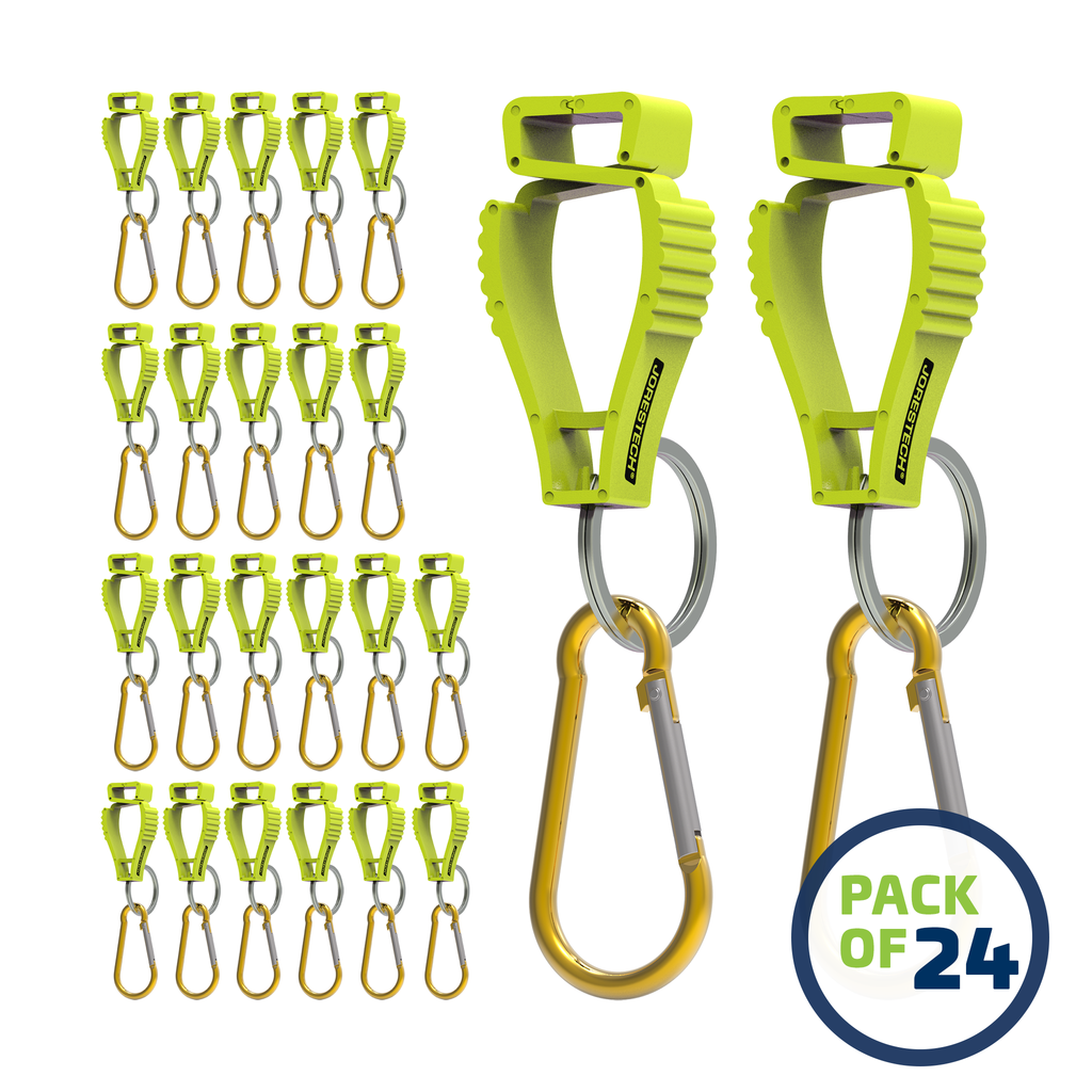 image of a pack of 24 Lime JORESTECH glove clip safety holders with carabiner over white background