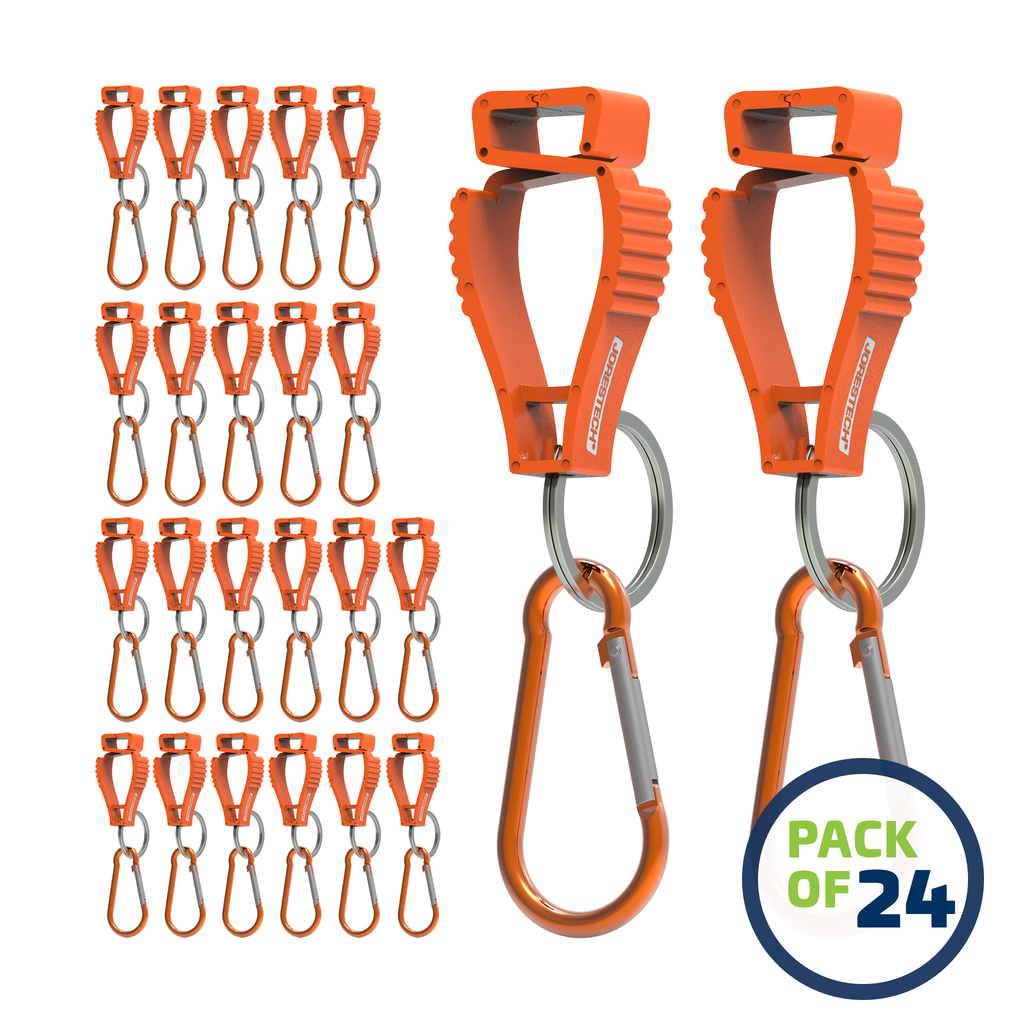 image of a pack of 24 Orange JORESTECH glove clip safety holders with carabiner over white background