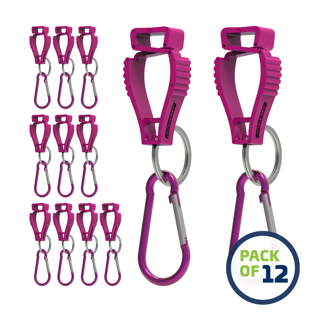 image of a pack of 12 Pink JORESTECH glove clip safety holders with carabiner over white background