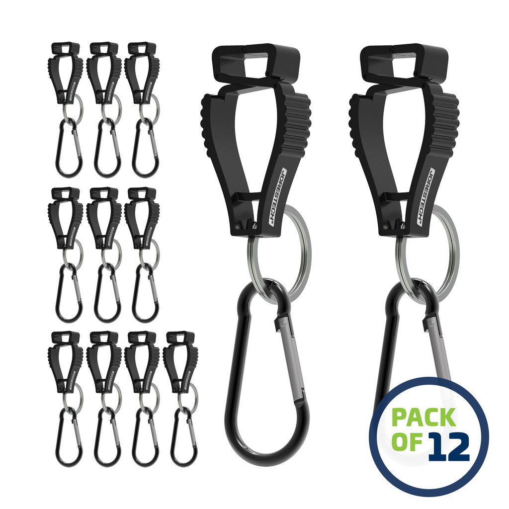 image of a pack of 12 Black JORESTECH glove clip safety holders with carabiner over white background