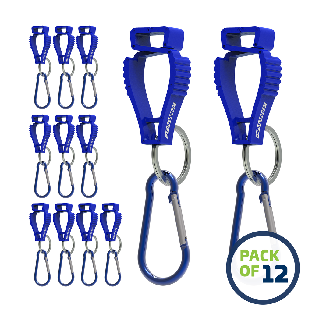 image of a pack of 12 Blue JORESTECH glove clip safety holders with carabiner over white background