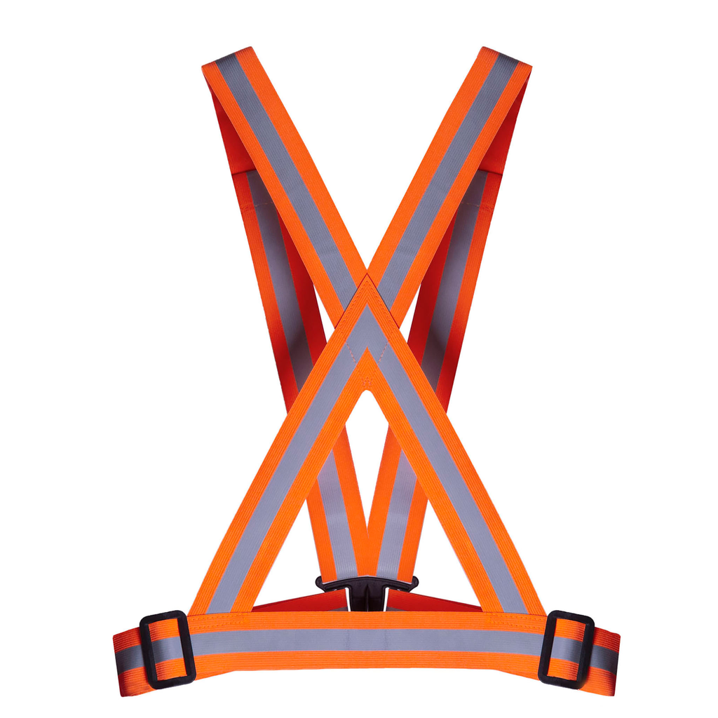 Back view of the orange hi vis adjustable safety suspenders with reflective strips all around.