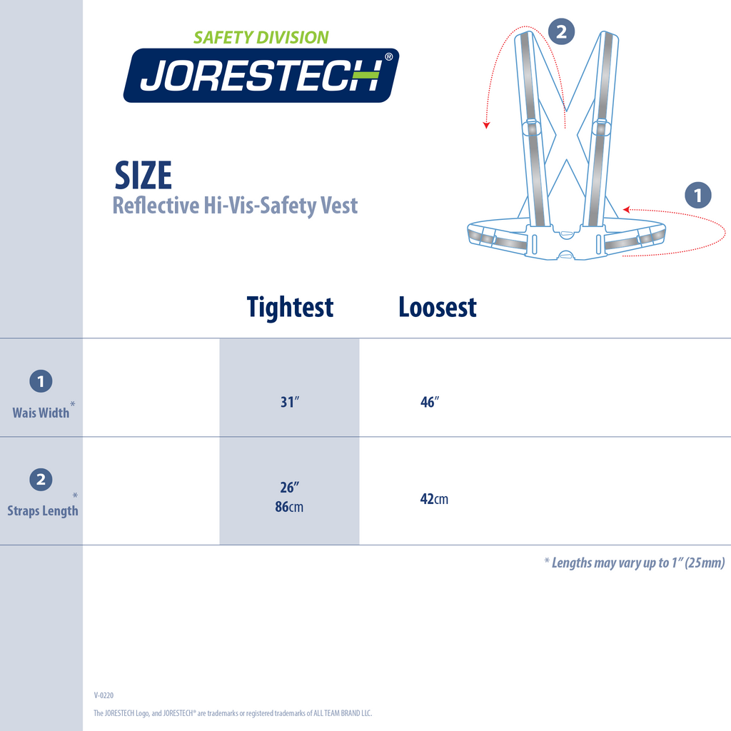 Size chart for the hi vis adjustable safety suspenders with reflective strips