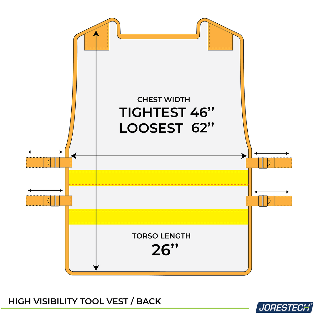 Diagram to show that chest width of the JORESTECH® tool vest can be adjusted from 46" to 62" and torso length is 26"
