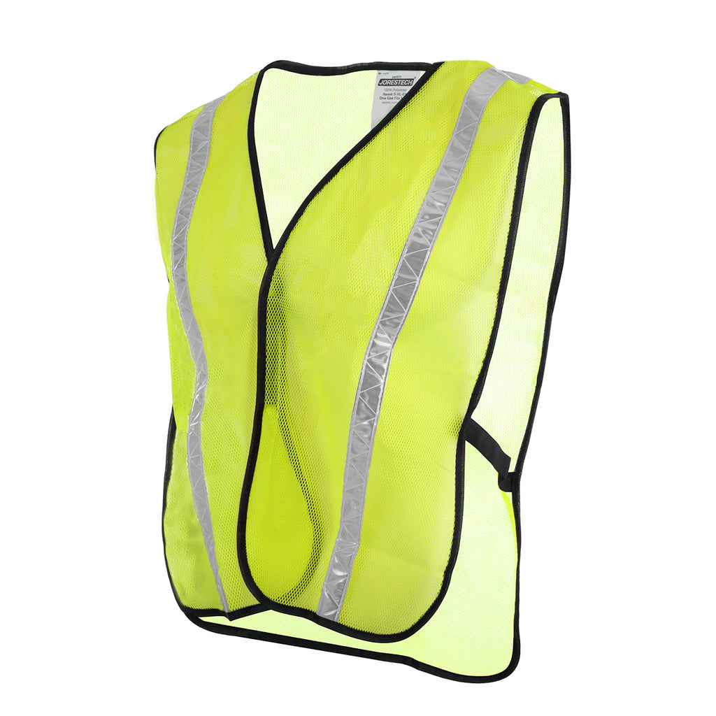 Features a high visibility yellow lime mesh safety vest with 1 inch reflective strip and side elastic straps