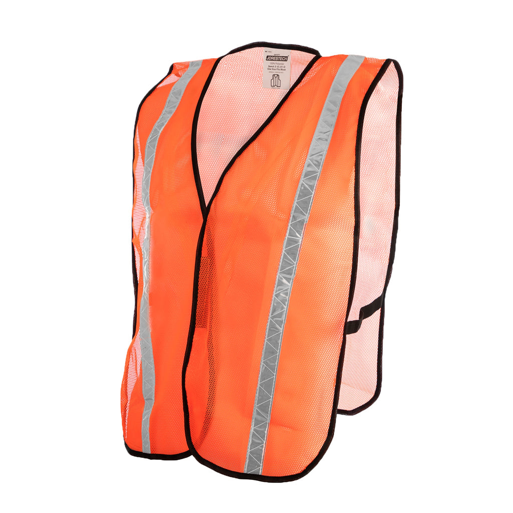 Diagonal view of an orange high visibility JORESTECH® mesh safety vest with 1 inch reflective strip and black side elastic straps 