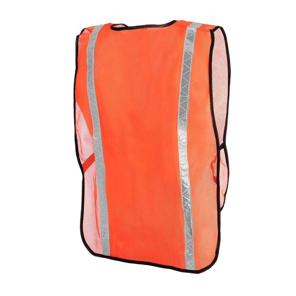 Back view of an orange high visibility JORESTECH® mesh safety vest with 1 inch reflective strip and black side elastic straps