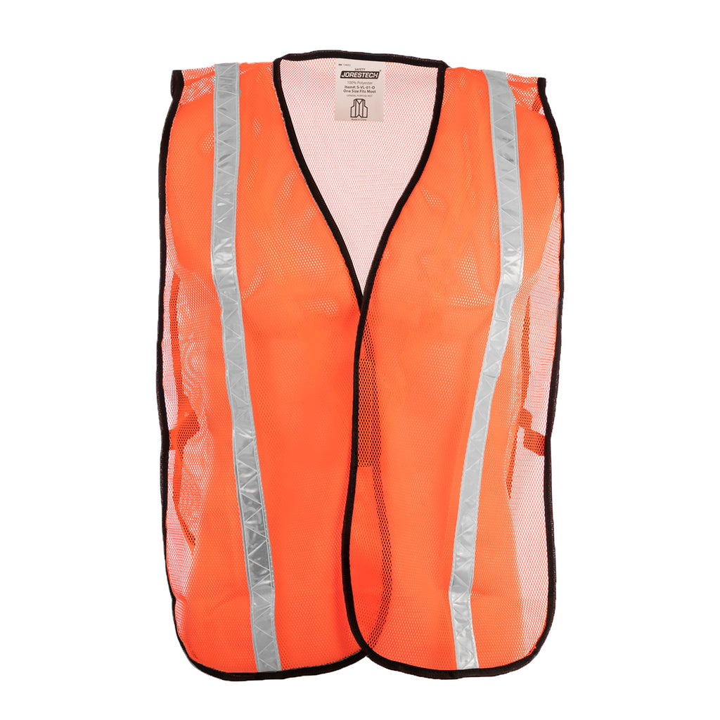 Front view of an orange hi visibility JORESTECH® mesh safety vest with 1 inch reflective strip and black side elastic straps