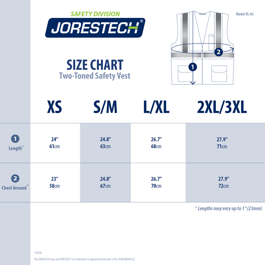 Size chart of ANSI safety vest