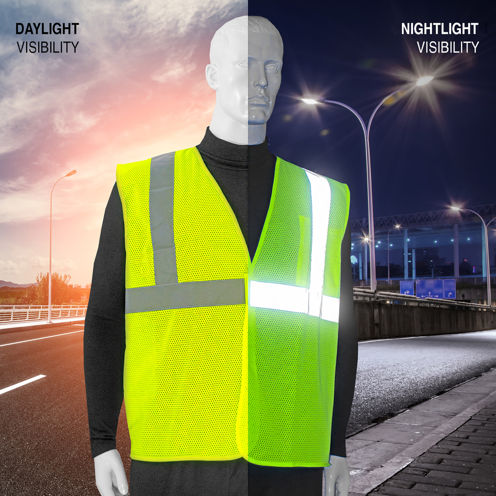 Mannequin wearing a lime Jorestech safety vest and it compares how bright it looks during day and night time 