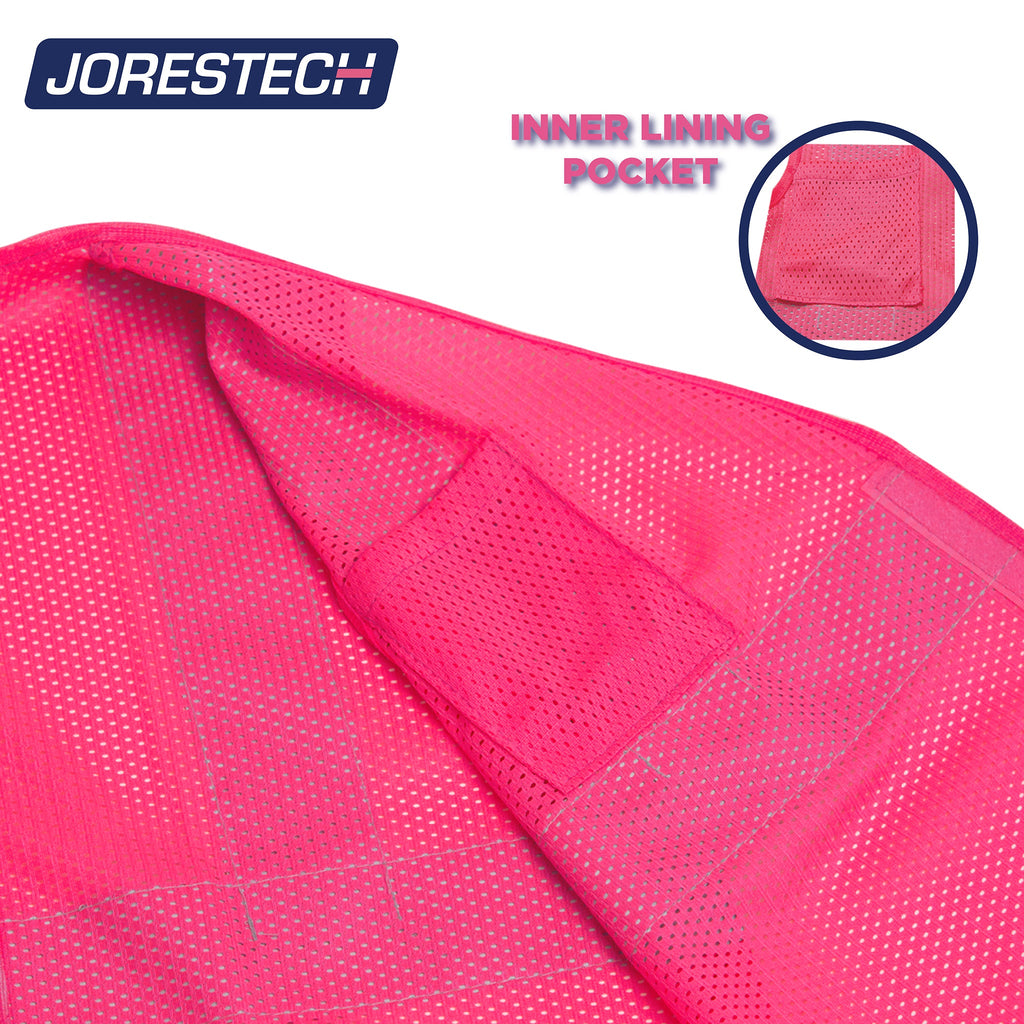 Shows the pink mesh hi vis safety vest with one pocket and hook and loop