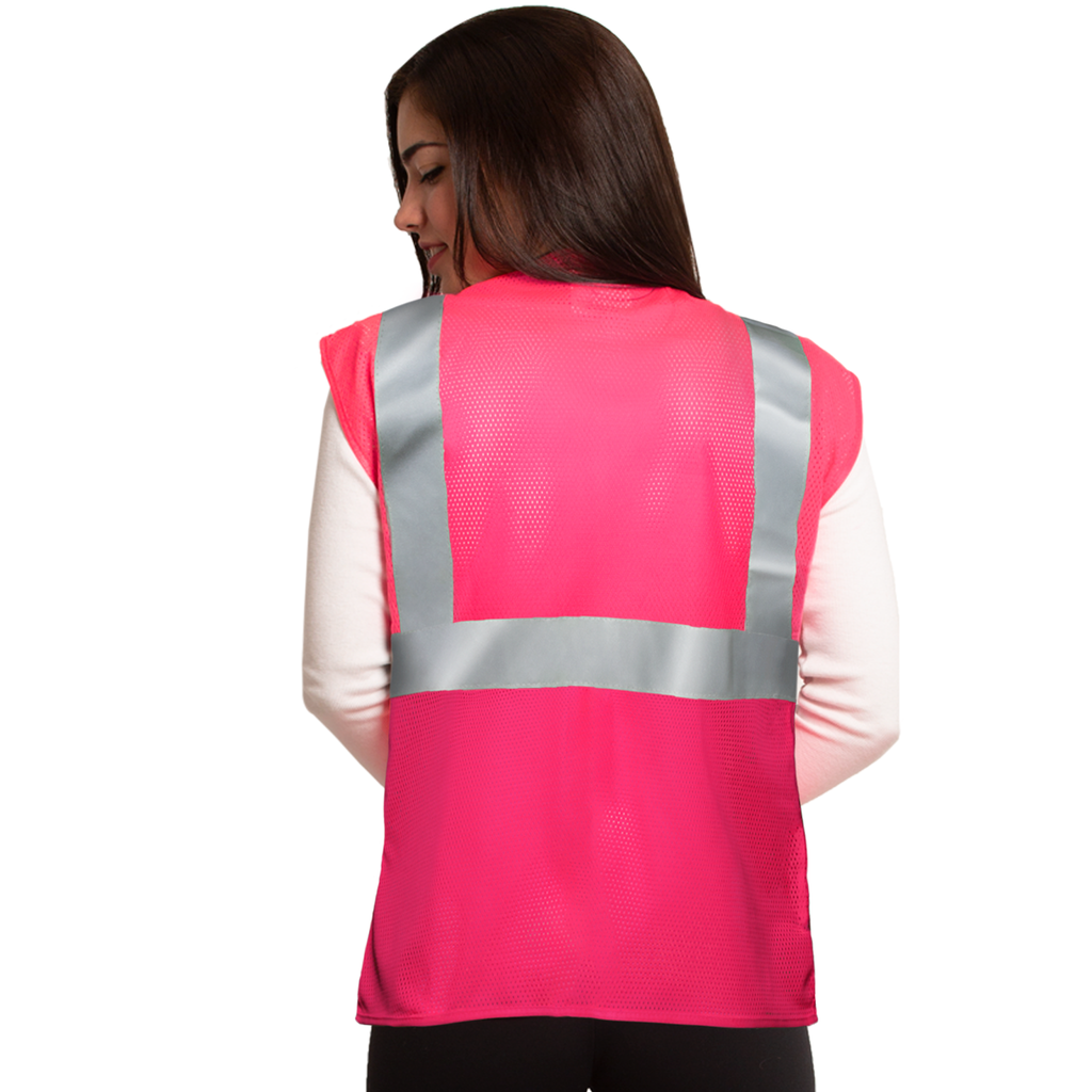 Back of a woman wearing the JORESTECH pink safety vest with pocket