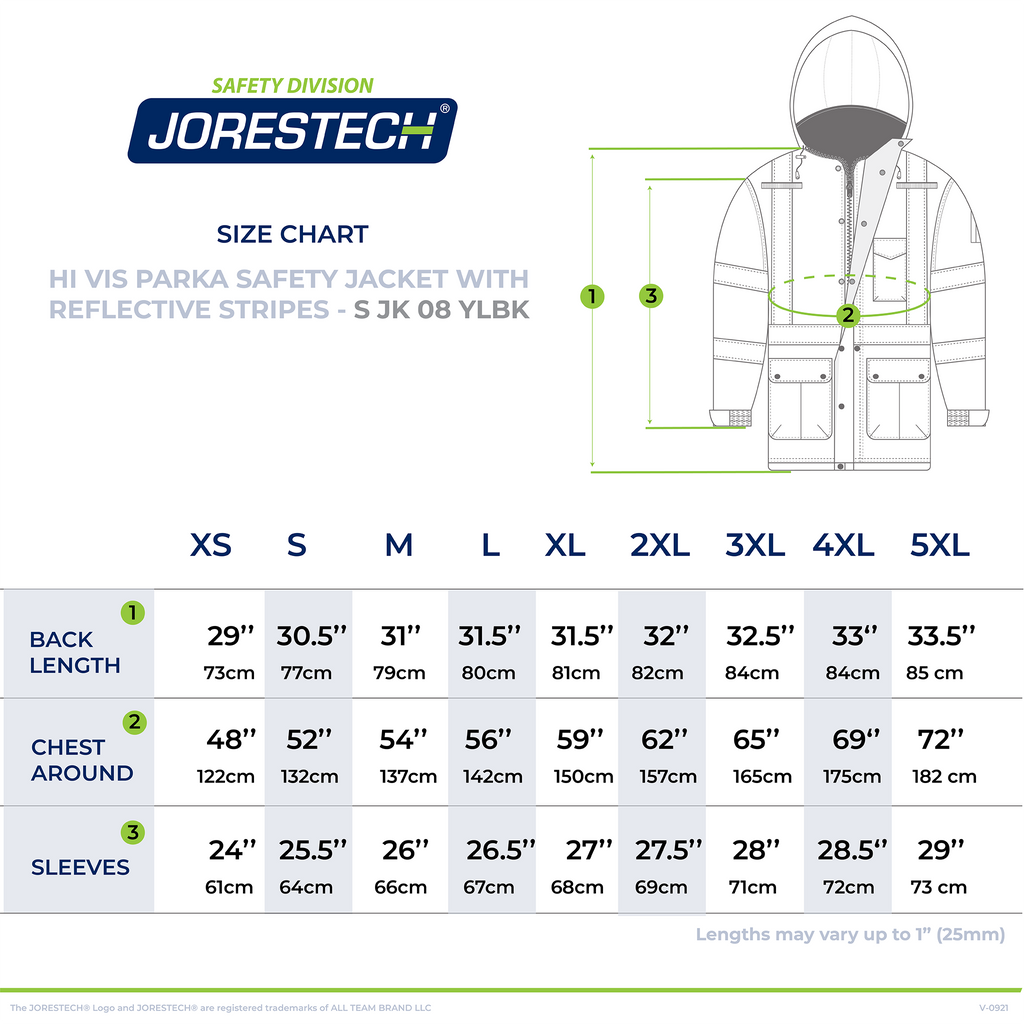 Size chart of the JORESTECH  waterproof safety parka Jacket for winter protection