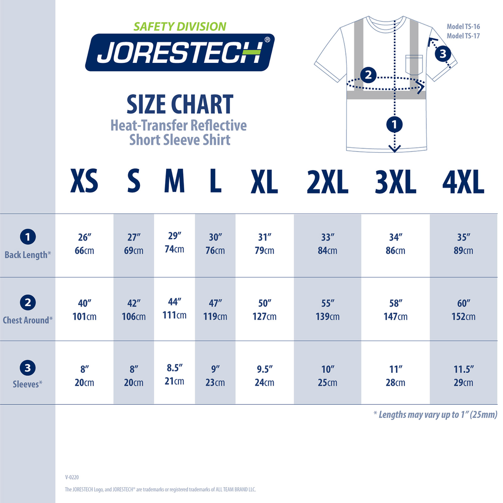 Size chart of the hi vis reflective dirt concealing safety pocket shirt