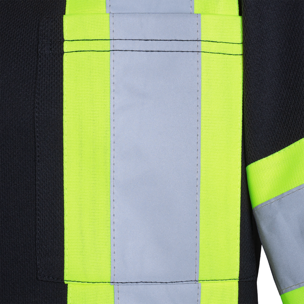 Close up of the pocket on the long sleeve reflective polo shirt