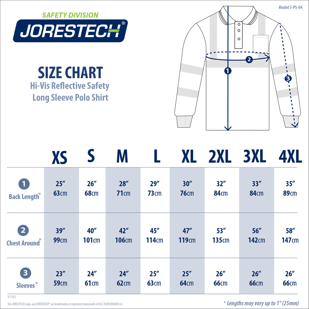 Size chart of the hi vis reflective safety long sleeve polo shirt