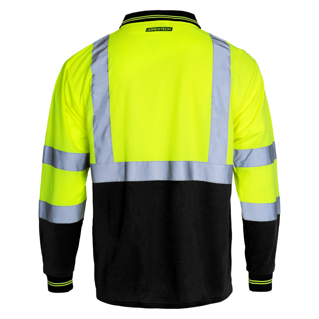Hi Vis reflective safety long sleeve ANSI compliant type R class 3 yellow and black  polo shirt