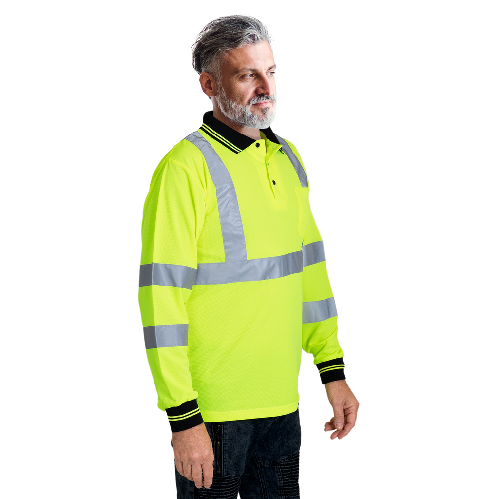 Man wearing the yellow long sleeve safety polo shirt ANSI Class 3 type R