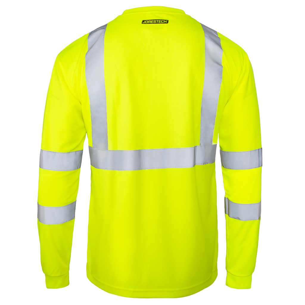 Back view of the yellow hi-vis reflective safety long sleeve shirt