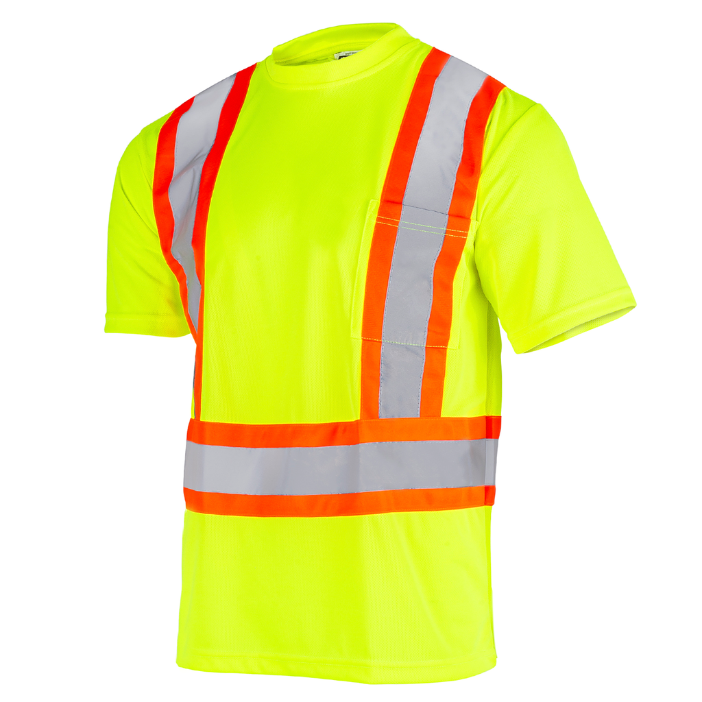 Diagonal view image of a Hi-vis reflective two tone safety yellow orange pocket shirt  