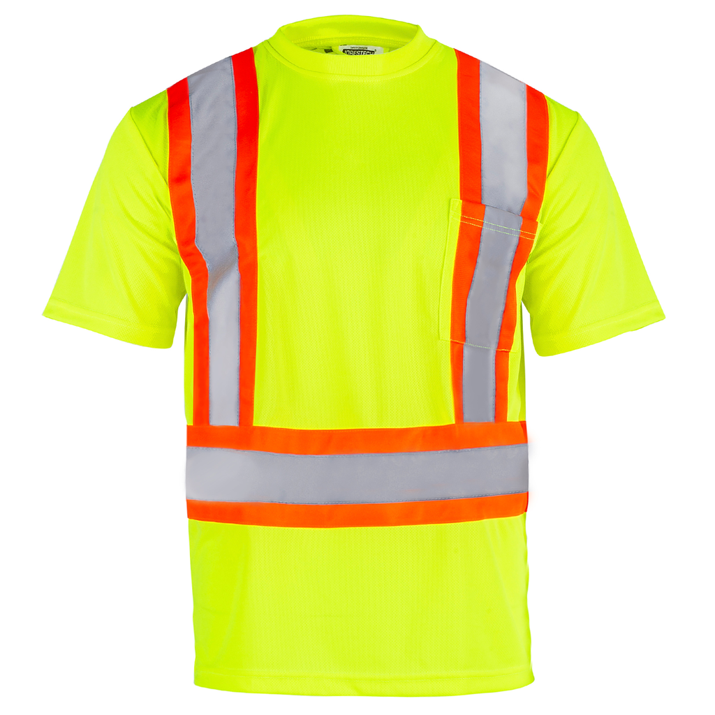 front view of a Hi-vis reflective two tone safety yellow orange pocket shirt 