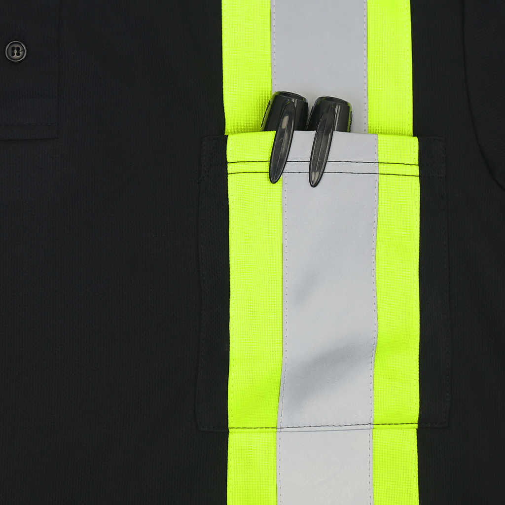 Close-up of the sewn in reflective material, the contrasting yellow fluorescent strips and te chest pocket of the Jorestech black polo safety shirt.