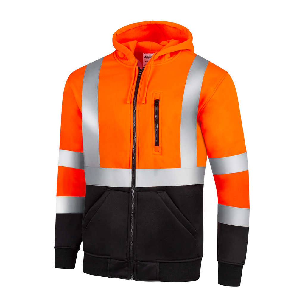 Diagonal view of the JORESTECH hi-vis safety hooded orange and black sweatshirt with reflective stripes over white background
