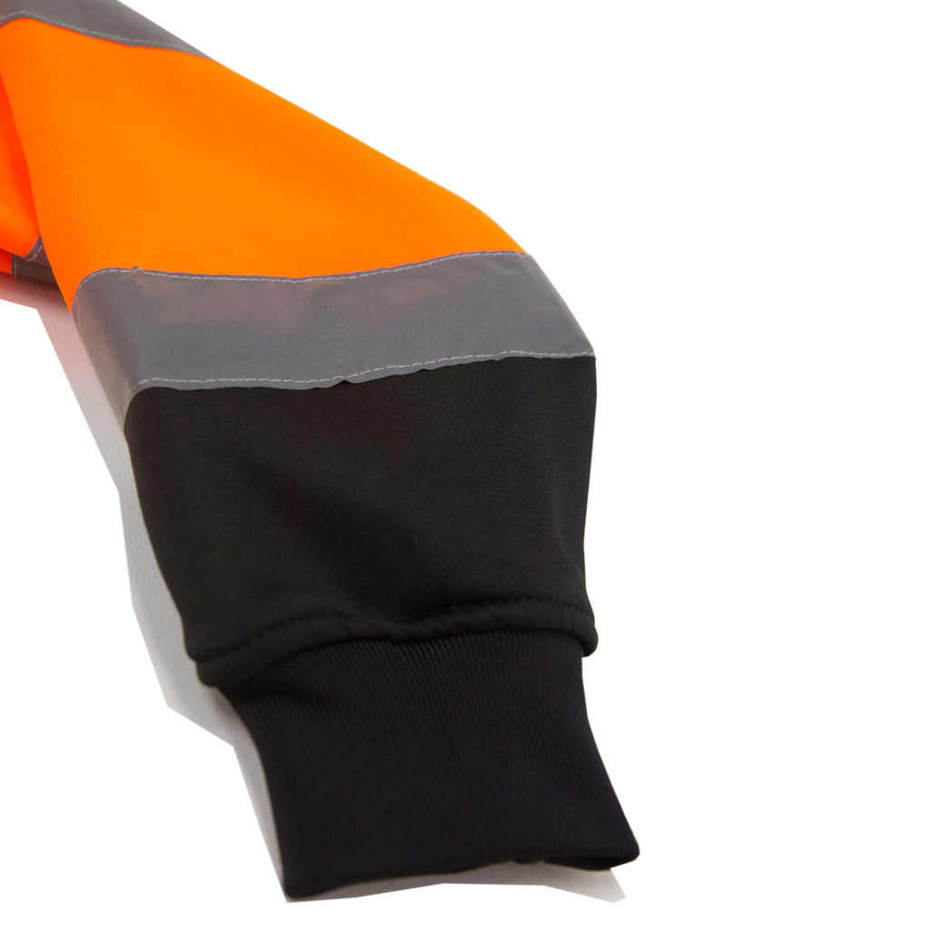 Close up image to show the knit cuff of the orange safety jacket