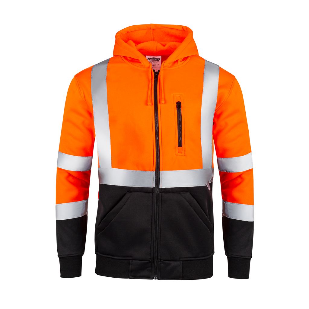 Front view of the JORESTECH hi-vis safety hooded orange and black sweatshirt with reflective stripes over white background