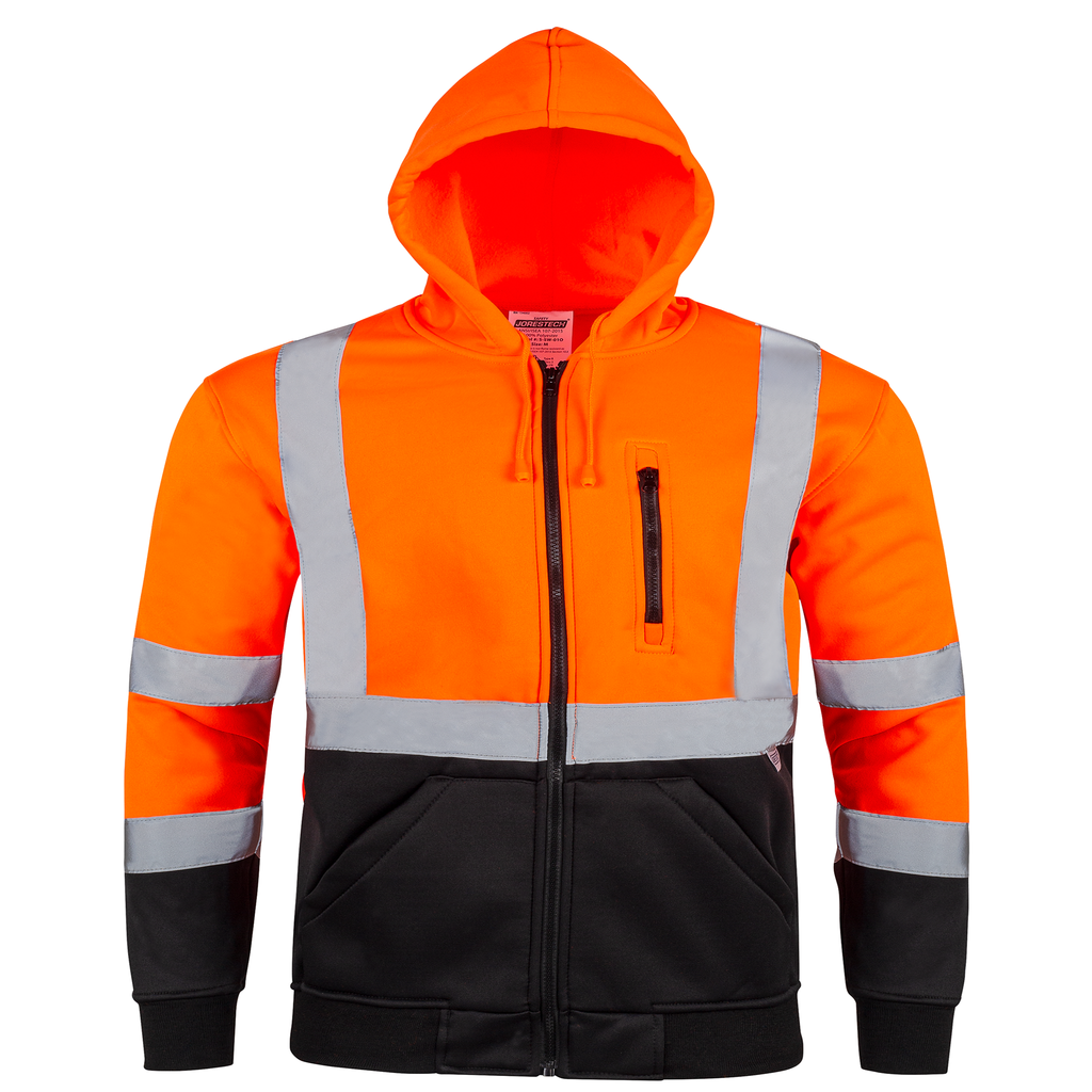 Fron view of the JORESTECH hi-vis safety hooded orange and black sweatshirt with reflective stripes over white background. The sweater has the hoodie up