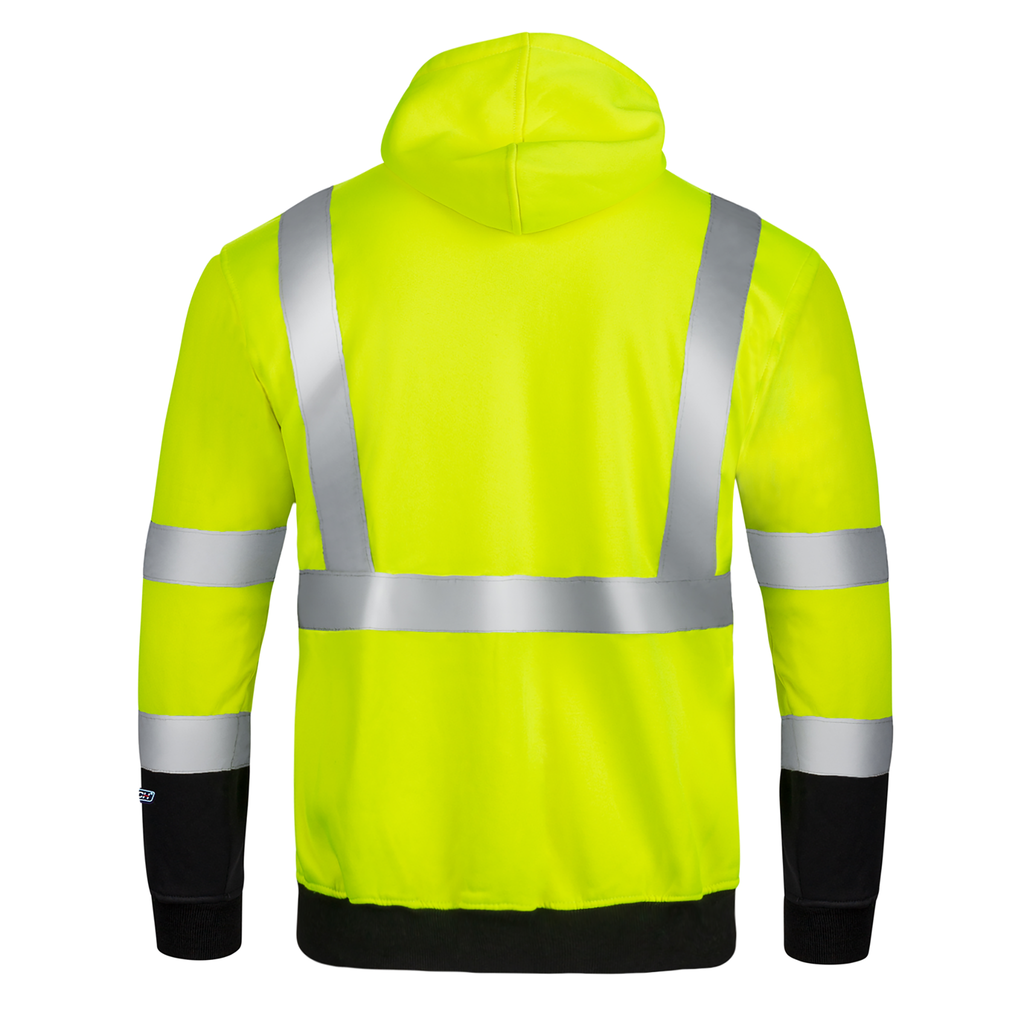 Back view of the JORESTECH hi-vis safety hooded yellow and black sweatshirt with reflective stripes over white background