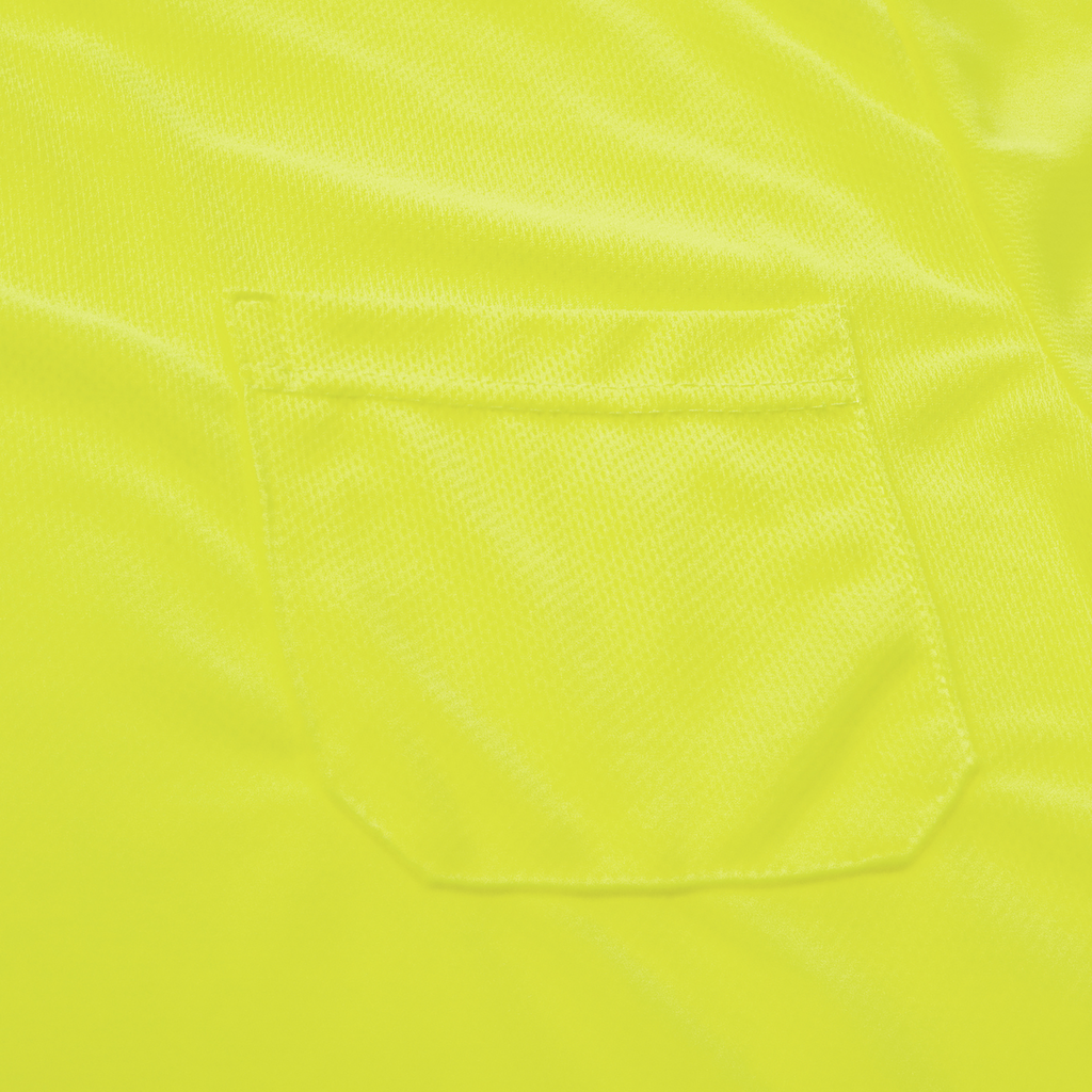 Close up of the pocket and the breathable birds eye fabric on the yellow hi vis shirt