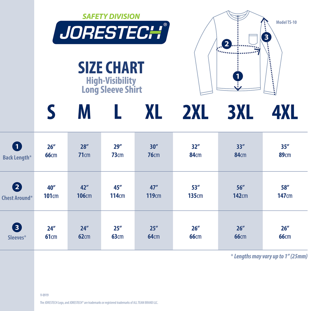 Size chart for the Hi vis long sleeve JORESTECH shirt