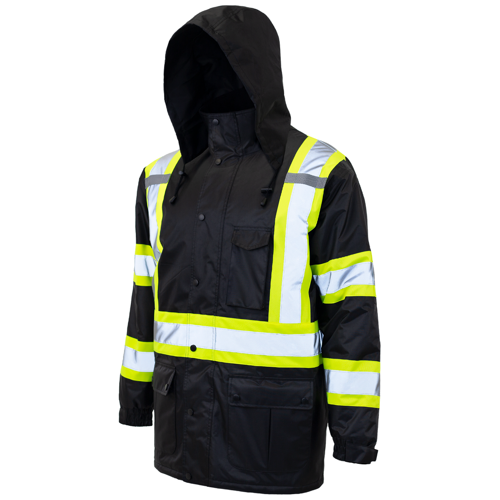 Hi visibility safety parka jacket with reflective stripes and hood