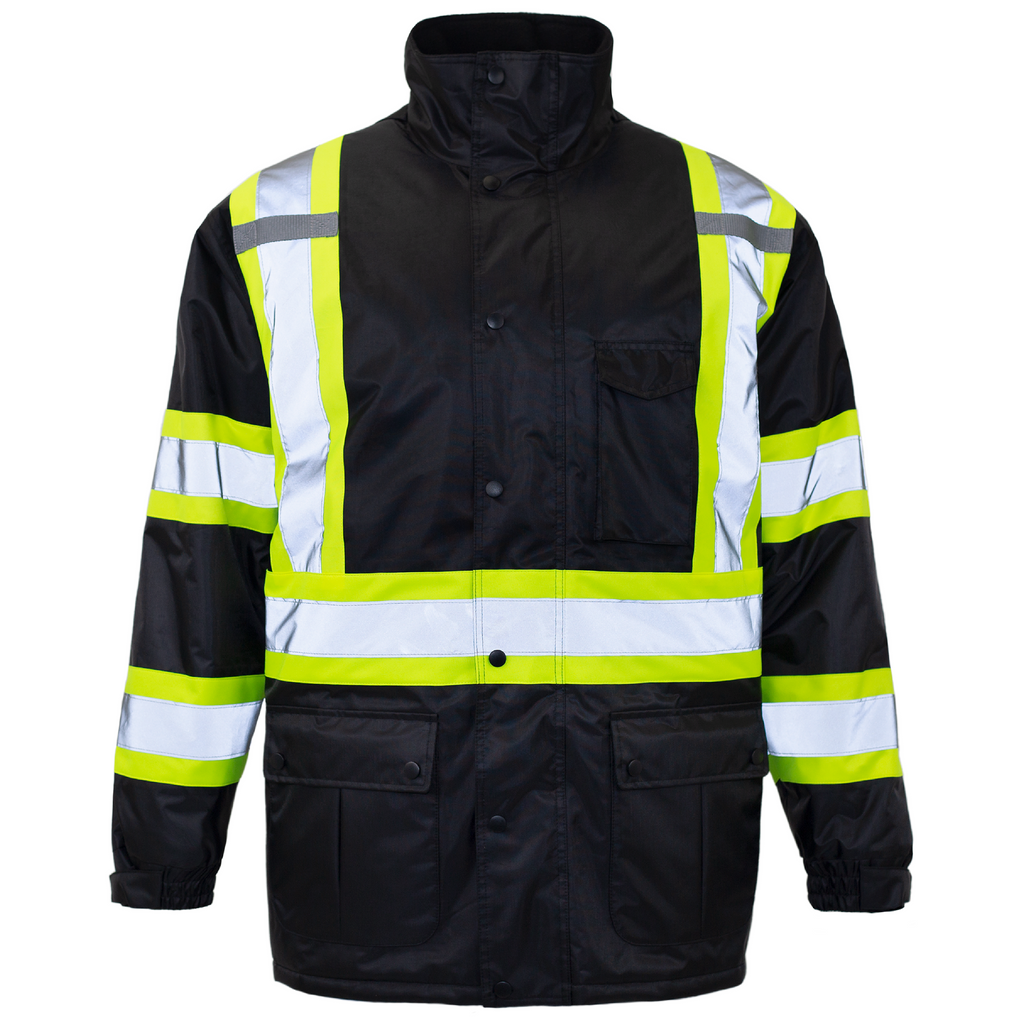 Hi-vis black and lime safety parka black jacket with reflective stripes, radio tabs and multiple pockets