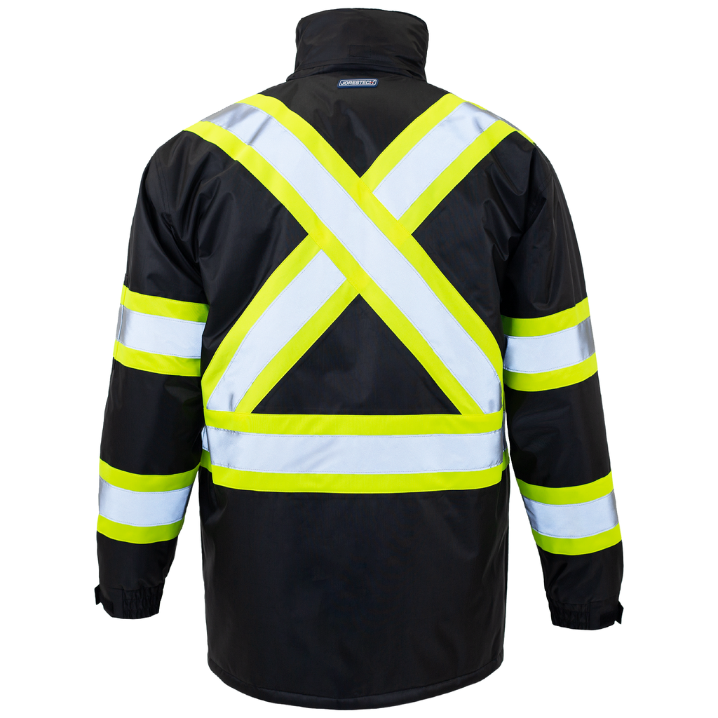 Back of the high vis safety parka jacket with reflective stripes, hoodie and X on back