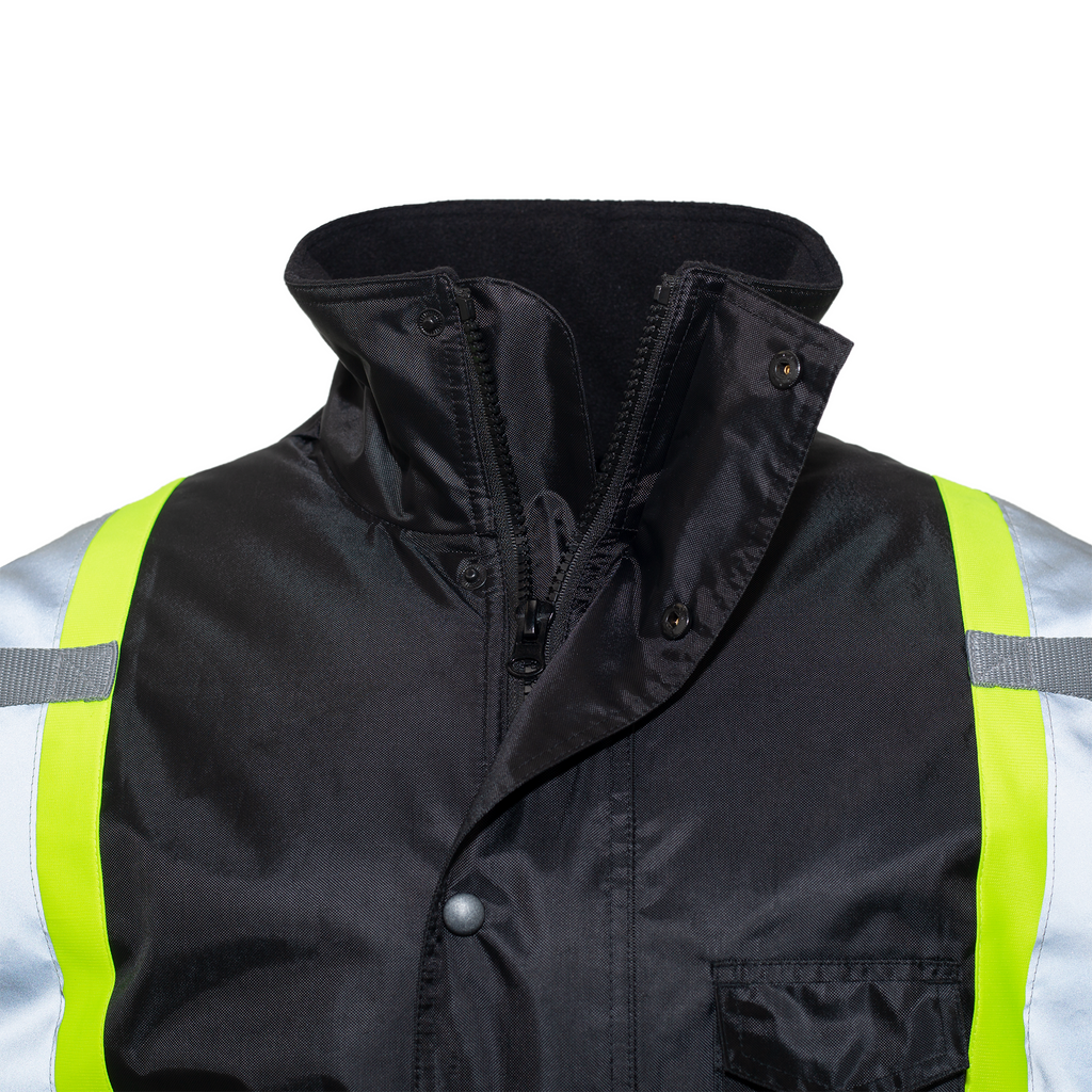 Hi vis insulated and waterproof safety parka jacket with flap and buttons to cover the zipper from wind and water