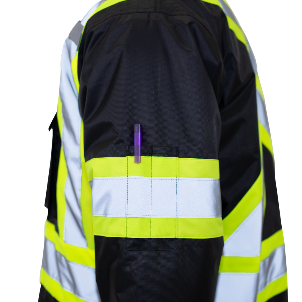 Hi vis black and yellow safety parka jacket with reflective stripes and pen pockets on the sleeve