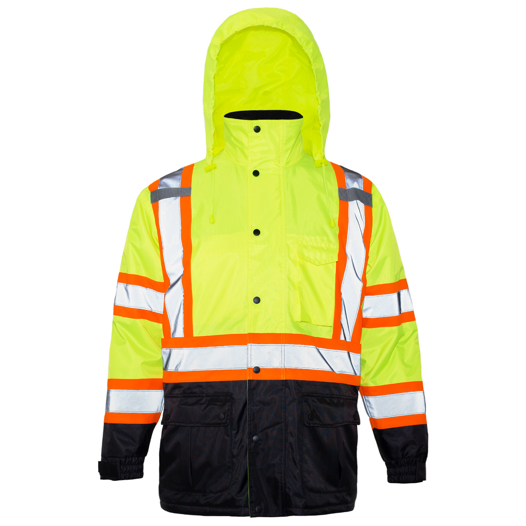 Hi visibility insulated safety parka jacket with reflective stripes and hood class 3 type R 