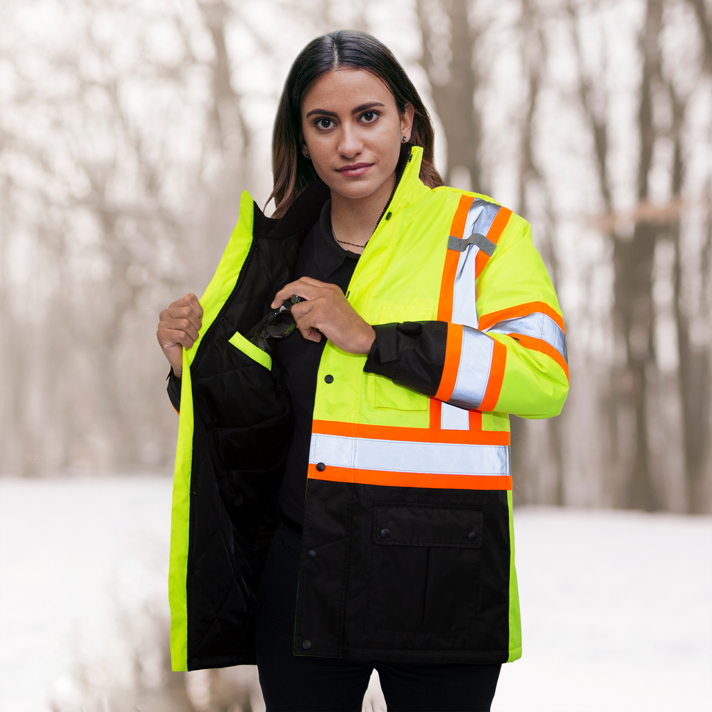 Woman wearing the lime yellow parka jacket for winter protection